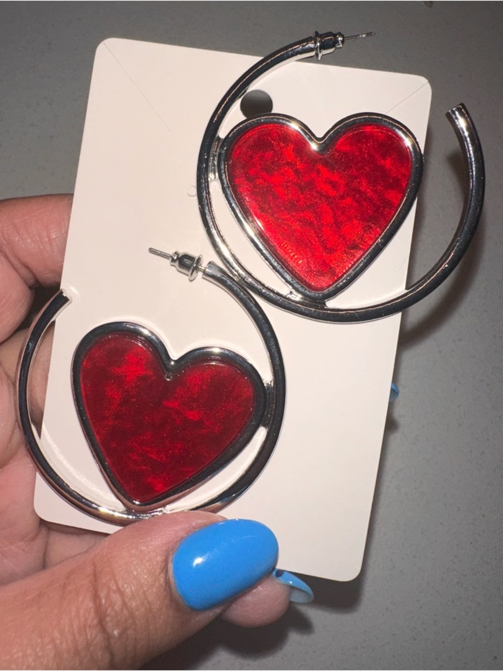 Silver Hoop Earrings with Red Heart Inset